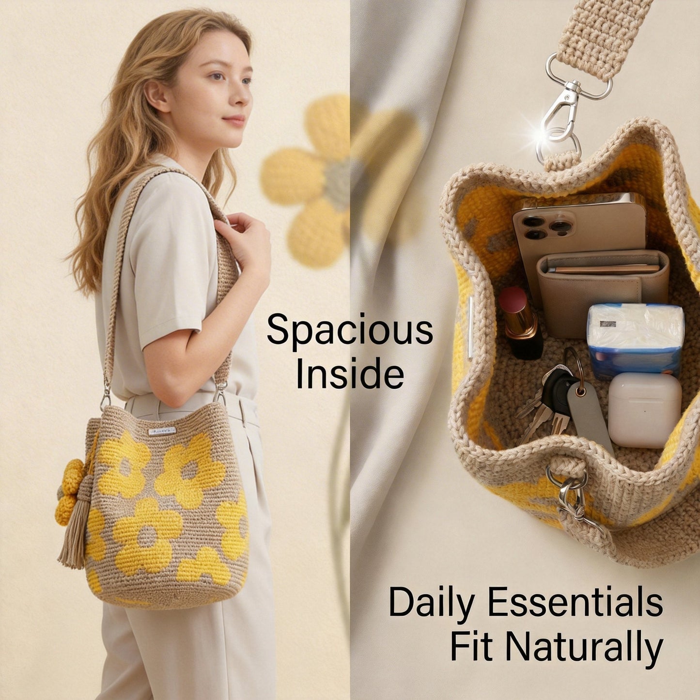 Borsa tote all'uncinetto con fiori, realizzata a mano 🌼✨