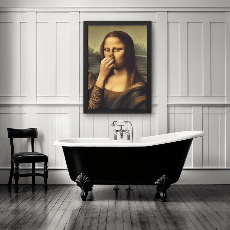Decorazione artistica che imita la Gioconda, divertente decorazione vintage per la stanza da bagno
