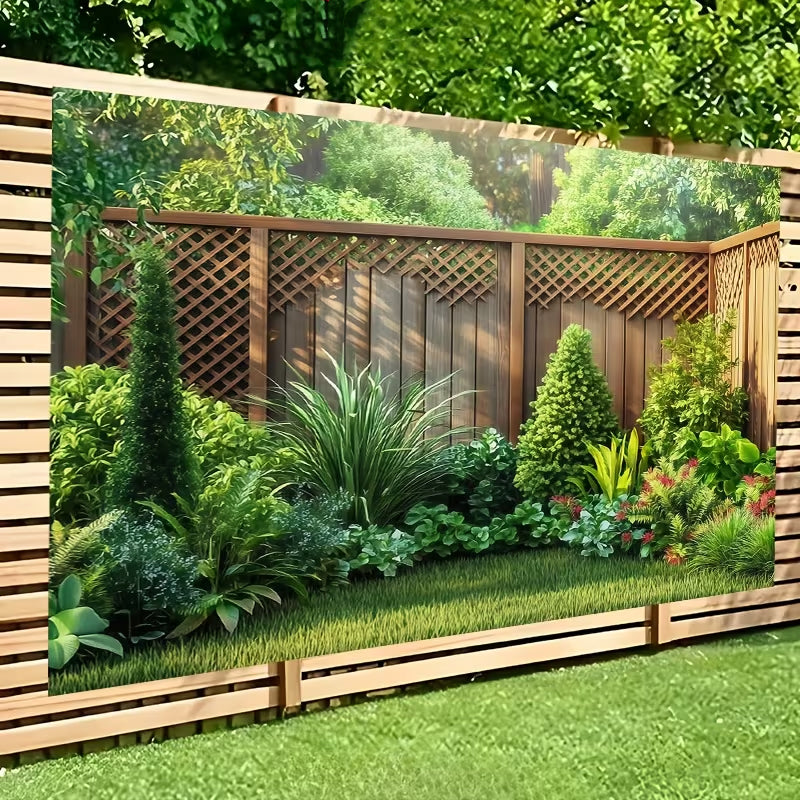 Incantevole sfondo da giardino: recinzione in legno e decorazioni con piante verdi 🌿✨