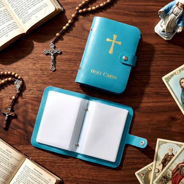✝️ Porta santini cattolico in vera pelle – Organizer tascabile per santini con chiusura a scatto